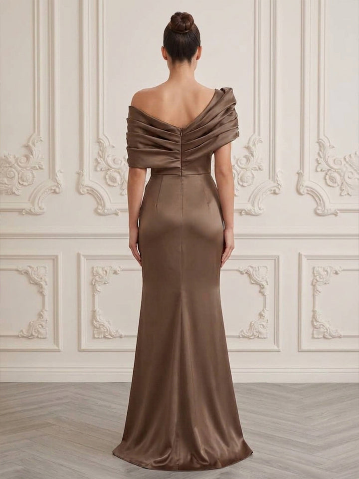 Satin Sheath Off the Shoulder Floor Length Ruched Formal Dresses