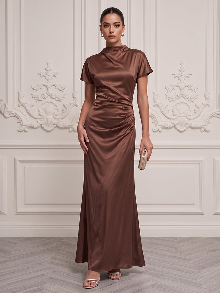 Satin Sheath High Neck Floor Length Ruched Formal Dresses