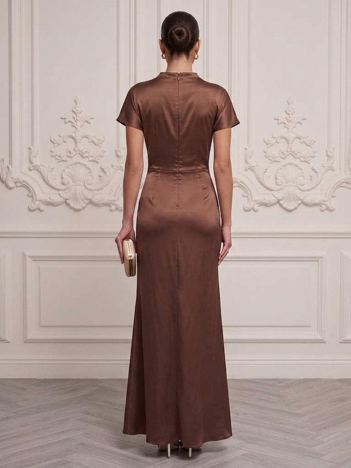 Satin Sheath High Neck Floor Length Ruched Formal Dresses