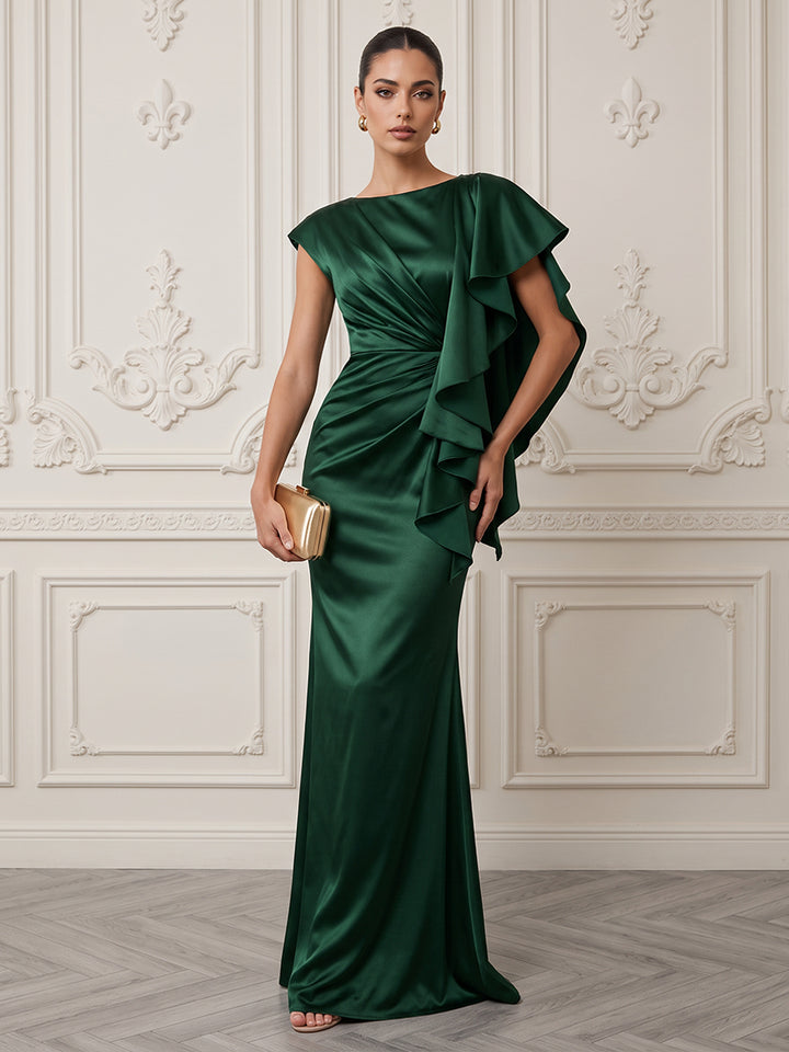 Satin Sheath Jewel Neck Floor Length Ruffles Formal Dresses