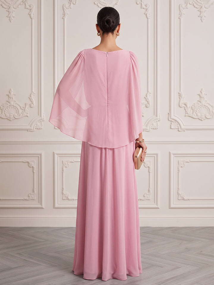 Chiffon A Line V Neck Floor Length Cape Sleeve Formal Dresses