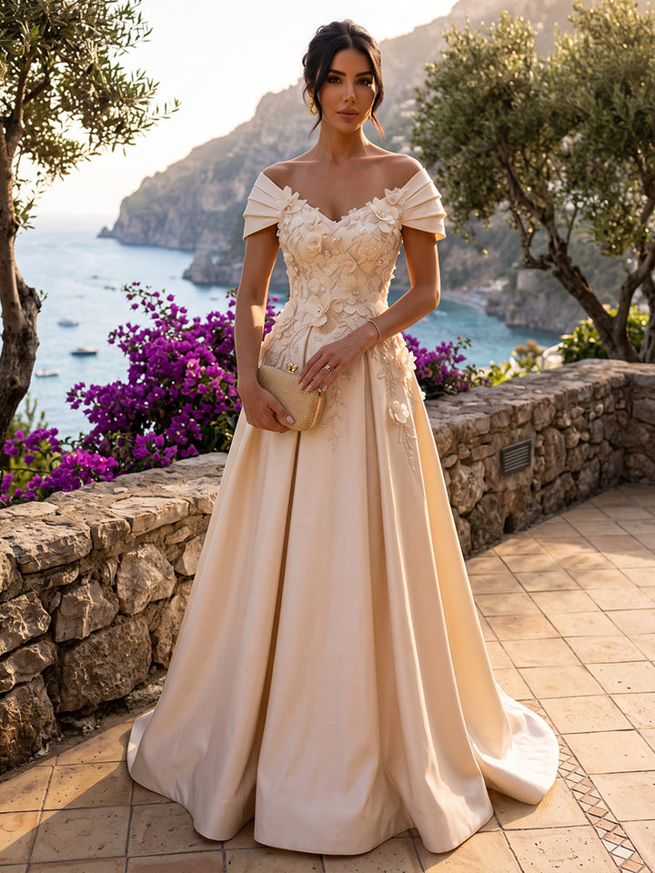 Satin A Line Off the Shoulder Floor Length Fitted Waist Formal Dresses
