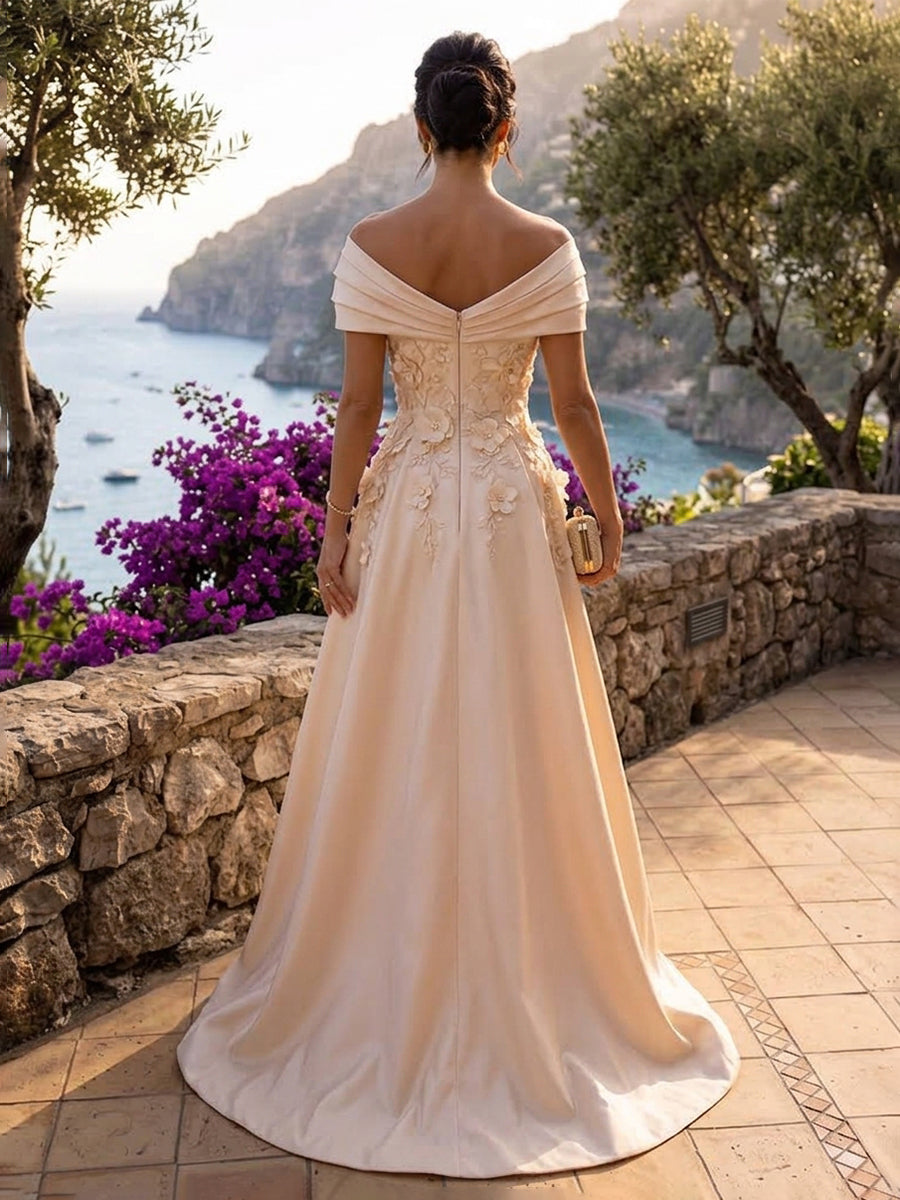 Satin A Line Off the Shoulder Floor Length Fitted Waist Formal Dresses