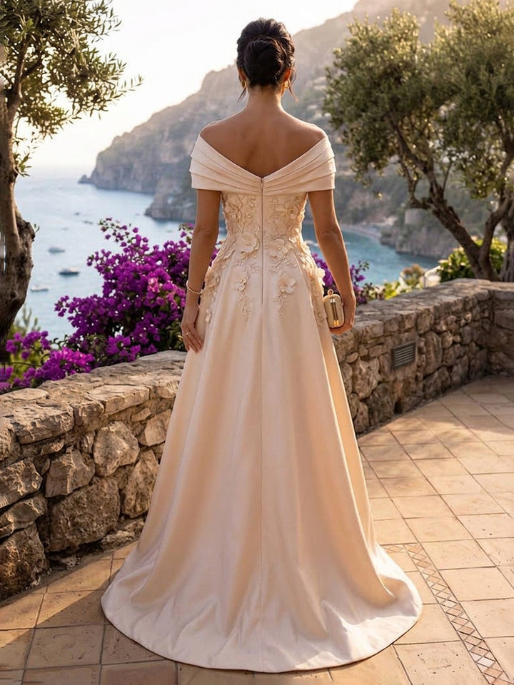 Satin A Line Off the Shoulder Floor Length Fitted Waist Formal Dresses