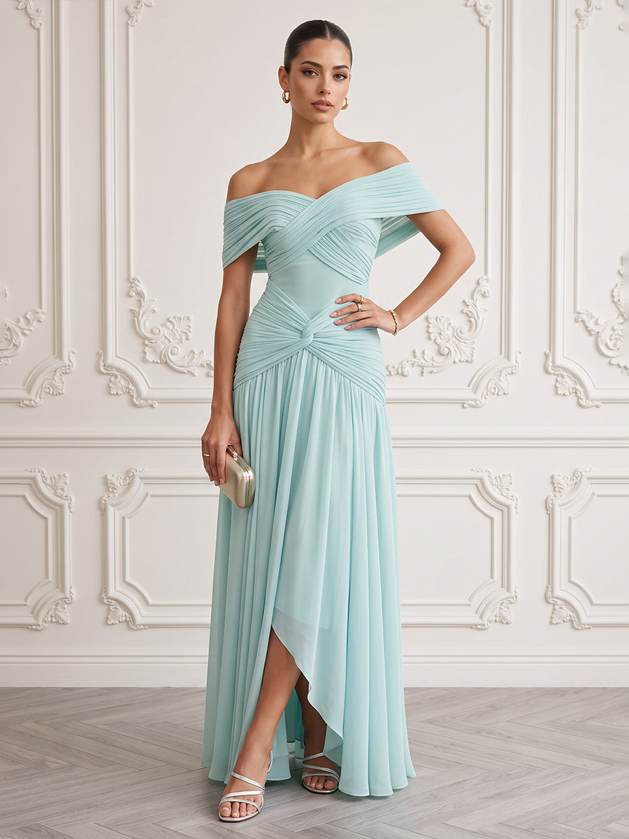 Chiffon A Line Off the Shoulder Floor Length High Low Formal Dresses