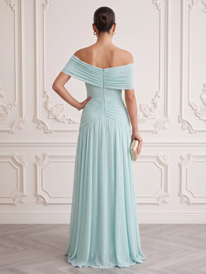 Chiffon A Line Off the Shoulder Floor Length High Low Formal Dresses