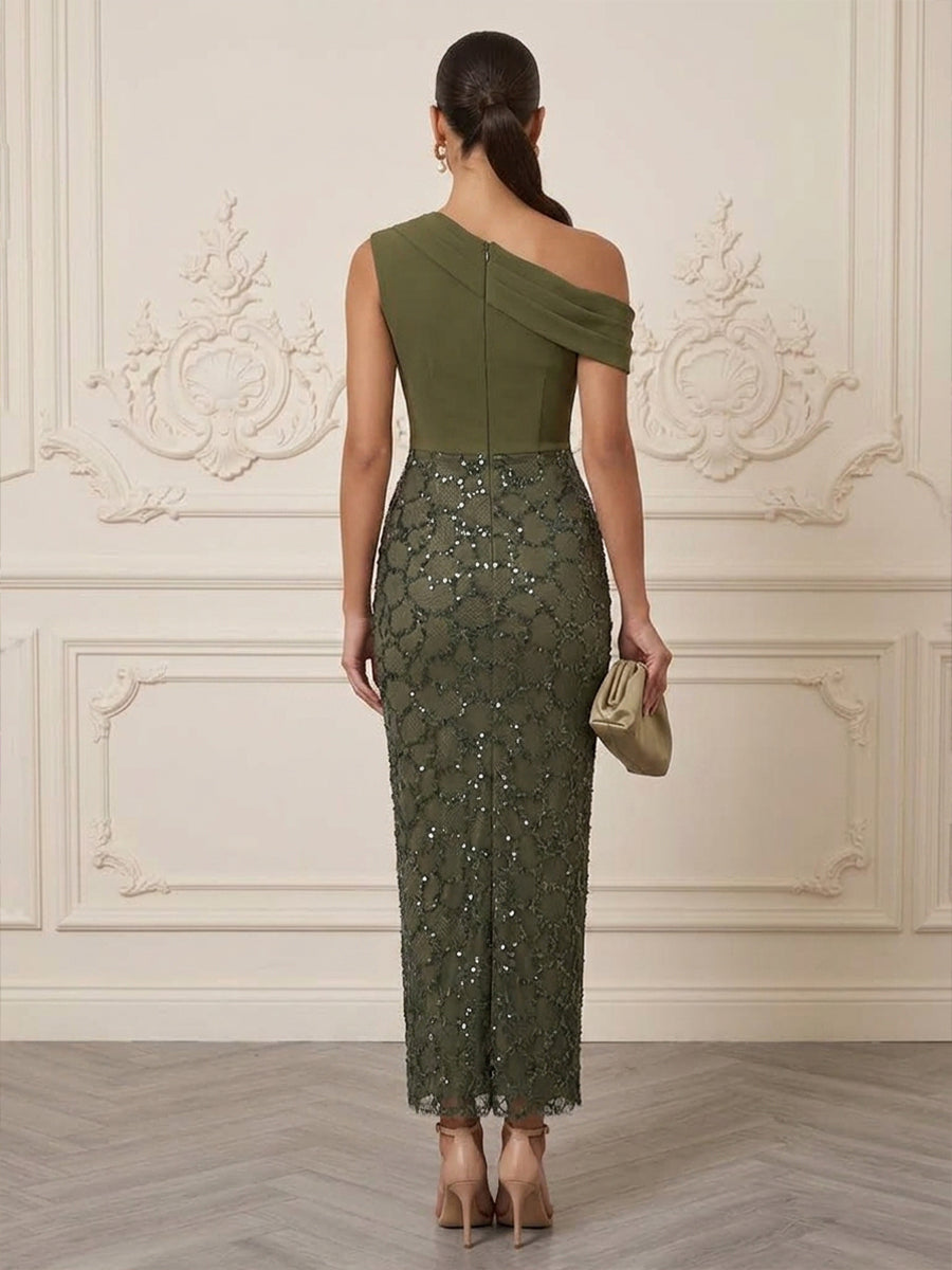 Sequin Sheath One Shoulder Floor Length Ruched Formal Dresses