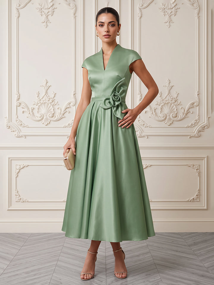 Satin A Line Modest V Neck Floor Length Pleats Formal Dresses