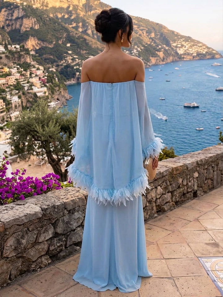 Chiffon A Line Strapless Floor Length Cape Formal Dresses