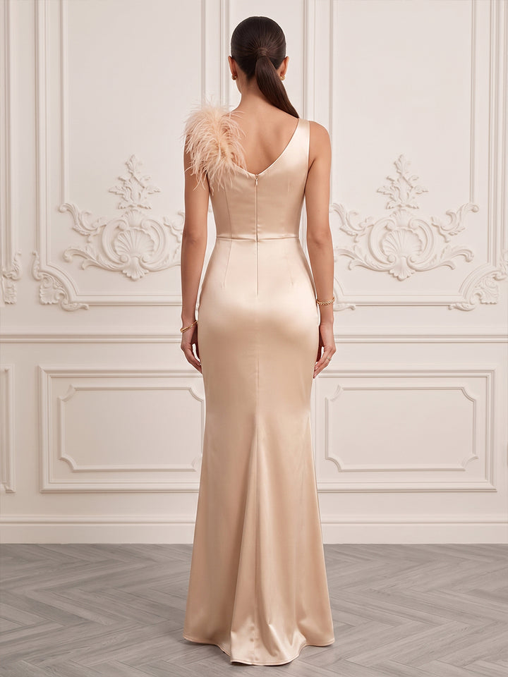 Satin Sheath Cowl Neck Floor Length Feather Formal Dresses