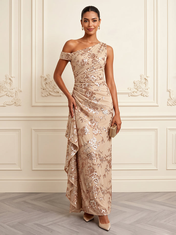 Sequin Sheath One Shoulder Floor Length Embroidery Formal Dresses