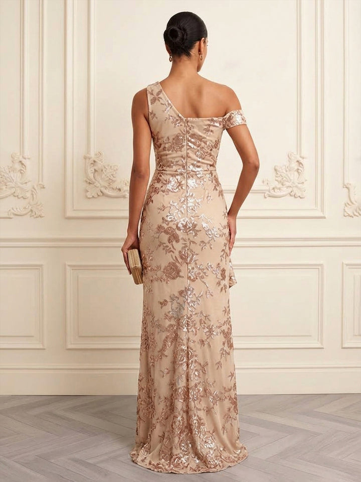 Sequin Sheath One Shoulder Floor Length Embroidery Formal Dresses