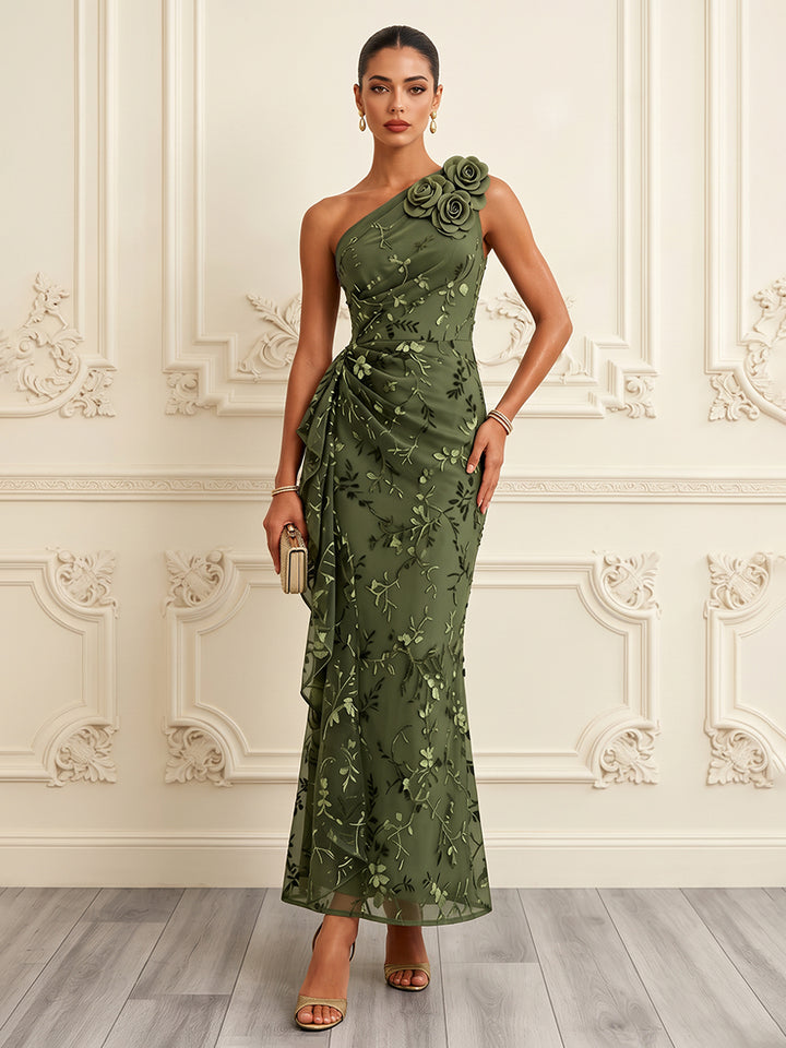 Tulle Sheath One Shoulder Floor Length Floral Embroidery Formal Dresses