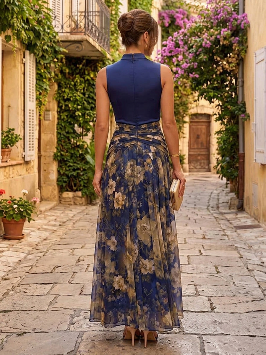 Chiffon A Line High Neck Floor Length Floral Print Formal Dresses