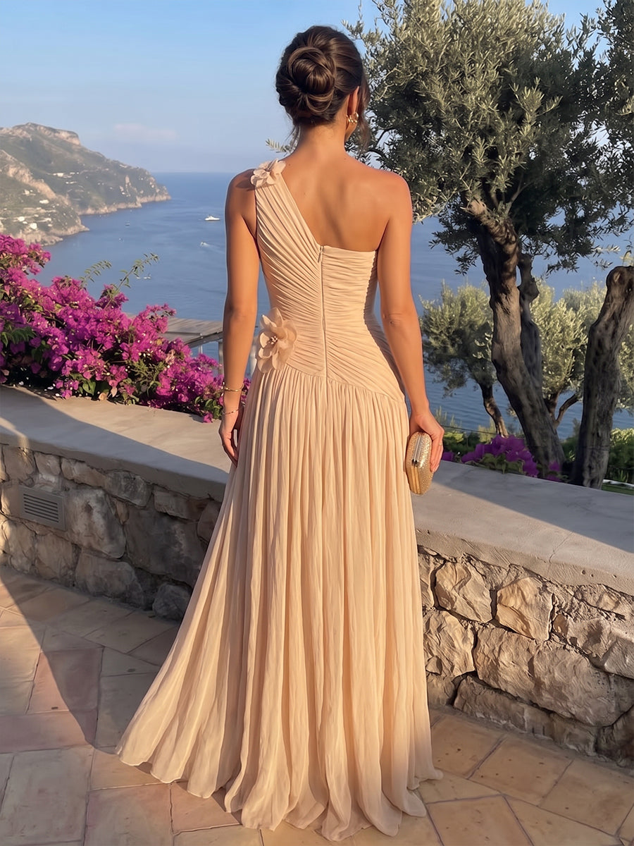 Chiffon A Line One Shoulder Floor Length Pleats Formal Dresses