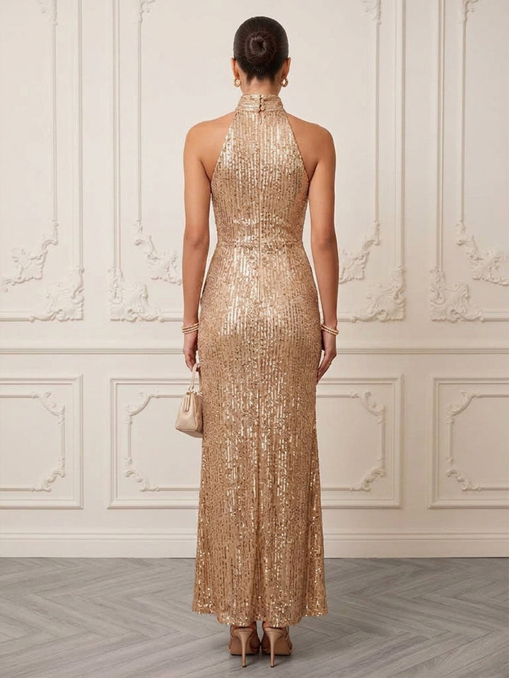 Sequin Sheath Halter Floor Length Ruched Formal Dresses