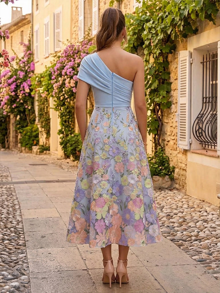Tulle A Line One Shoulder Ankle Length Floral Embroidery Formal Dresses