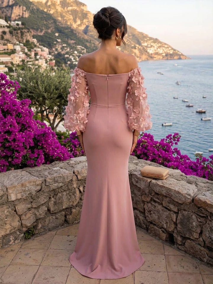 Satin Mermaid Off the Shoulder Floor Length Puff Sleeve Formal Dresses