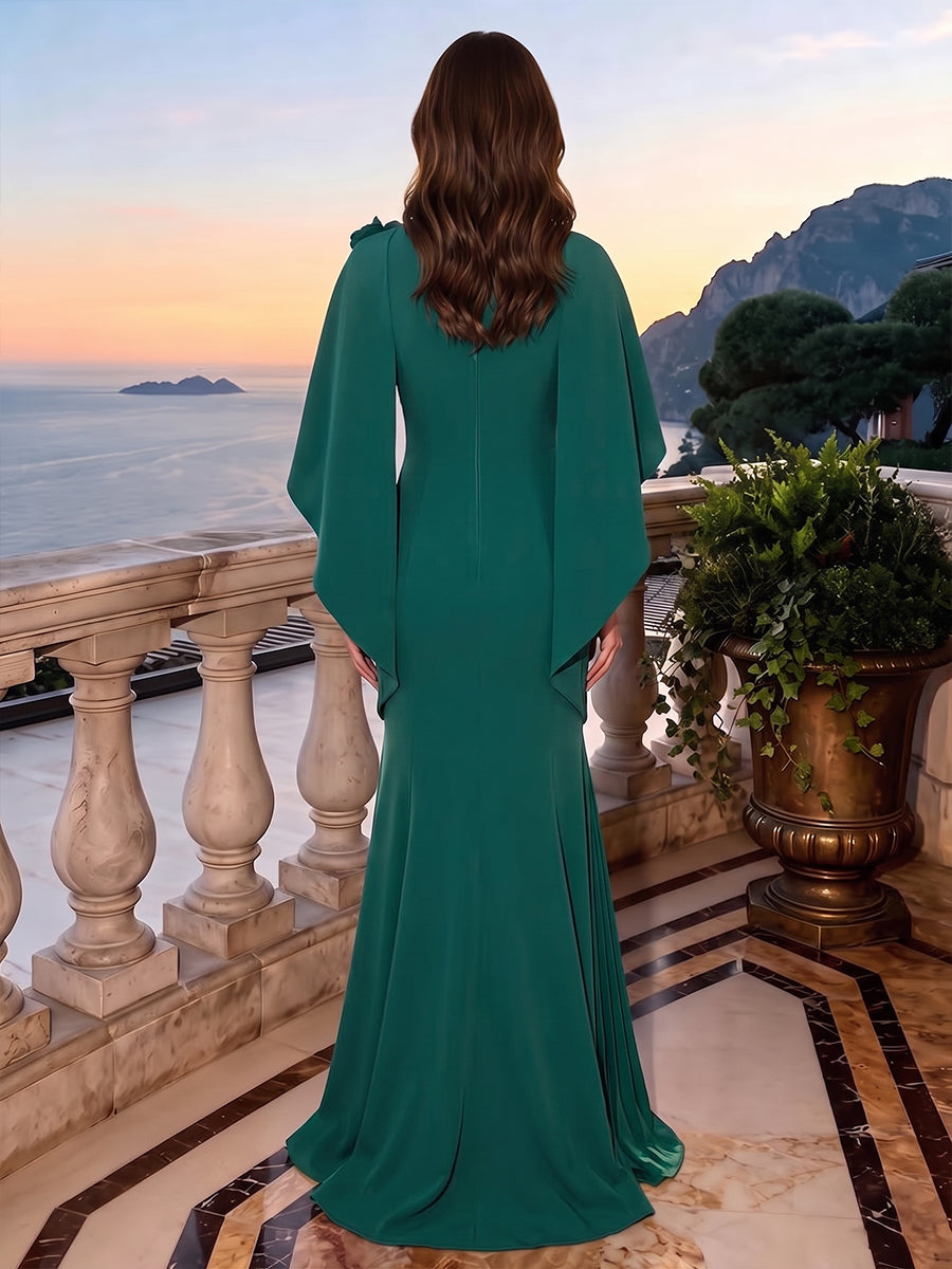 Satin A Line Scoop Neck Floor Length Cape Sleeve Formal Dresses