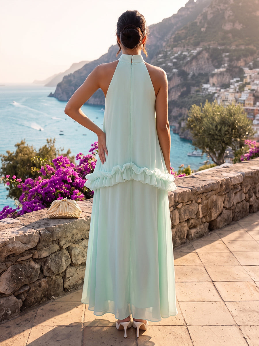 Chiffon Kaftan Halter Floor Length High Neck Formal Dresses