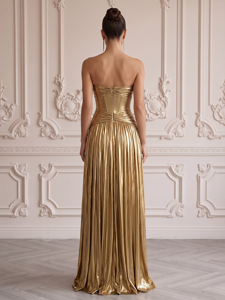 Metallic Satin A Line Strapless Floor Length Corset Formal Dresses