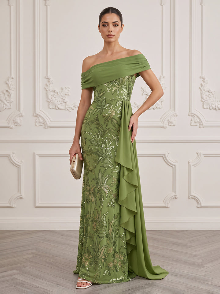Satin Sheath Off the Shoulder Floor Length Sequin Embroidery Formal Dresses