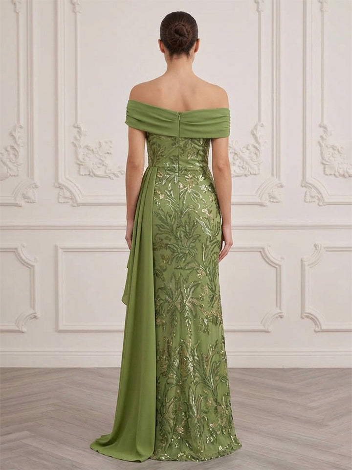 Satin Sheath Off the Shoulder Floor Length Sequin Embroidery Formal Dresses