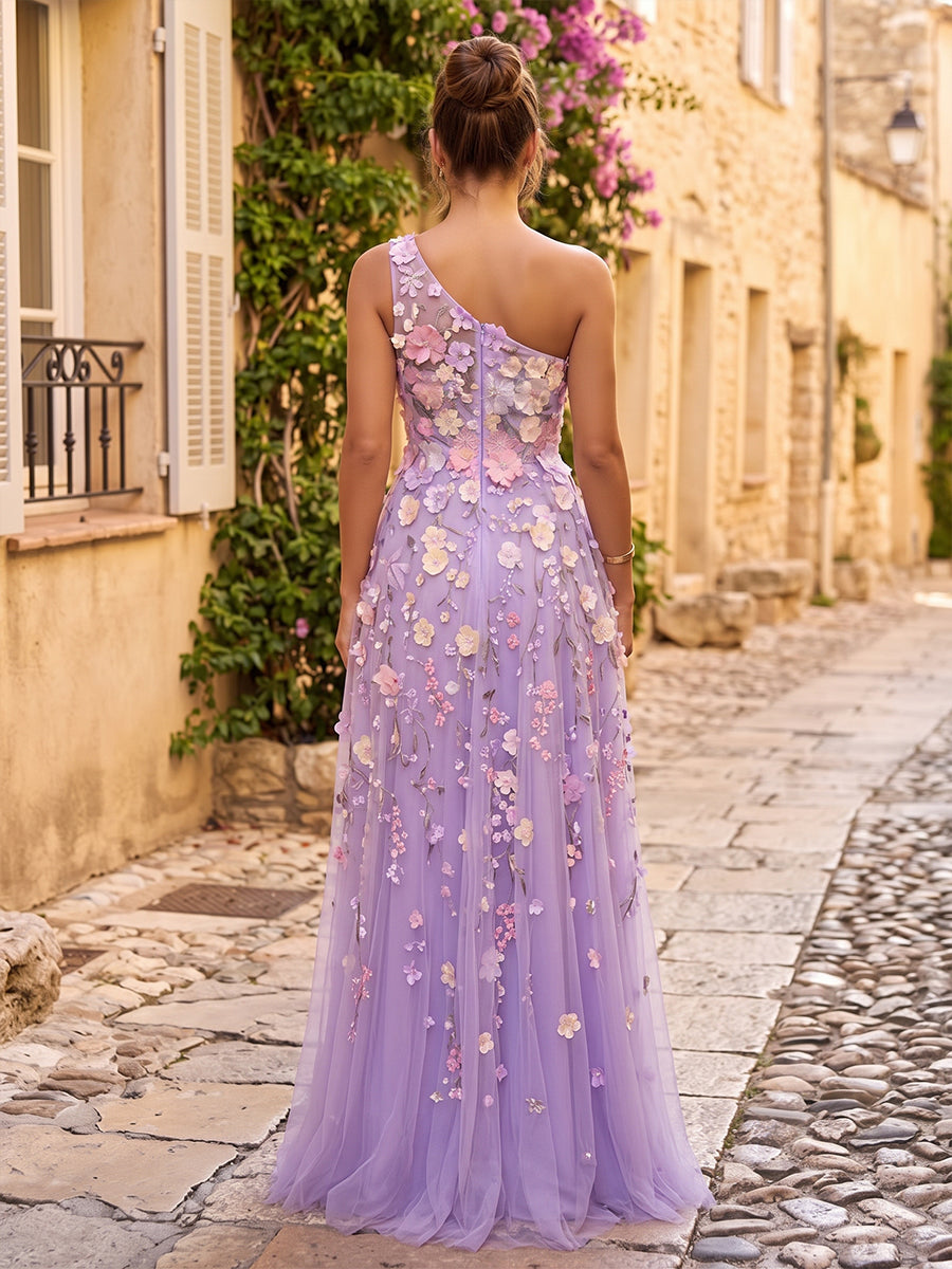 Tulle A Line One Shoulder Floor Length Floral Embroidery Formal Dresses