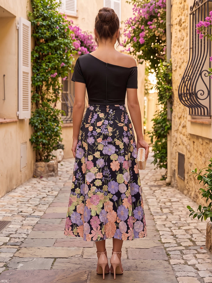 Tulle A Line Off the Shoulder Floor Length Floral Embroidery Formal Dresses