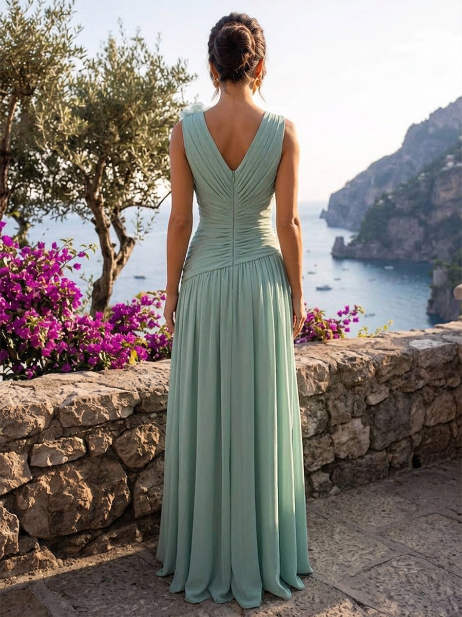 Chiffon A Line V Neck Floor Length Ruched Formal Dresses