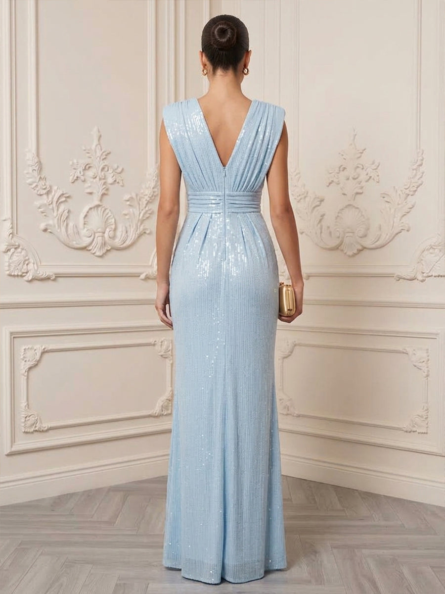 Sequin Mermaid V Neck Floor Length Ruched Formal Dresses