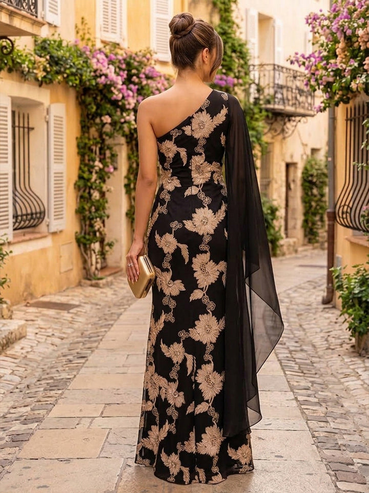 Tulle Sheath One Shoulder Floor Length Floral Embroidery Formal Dresses