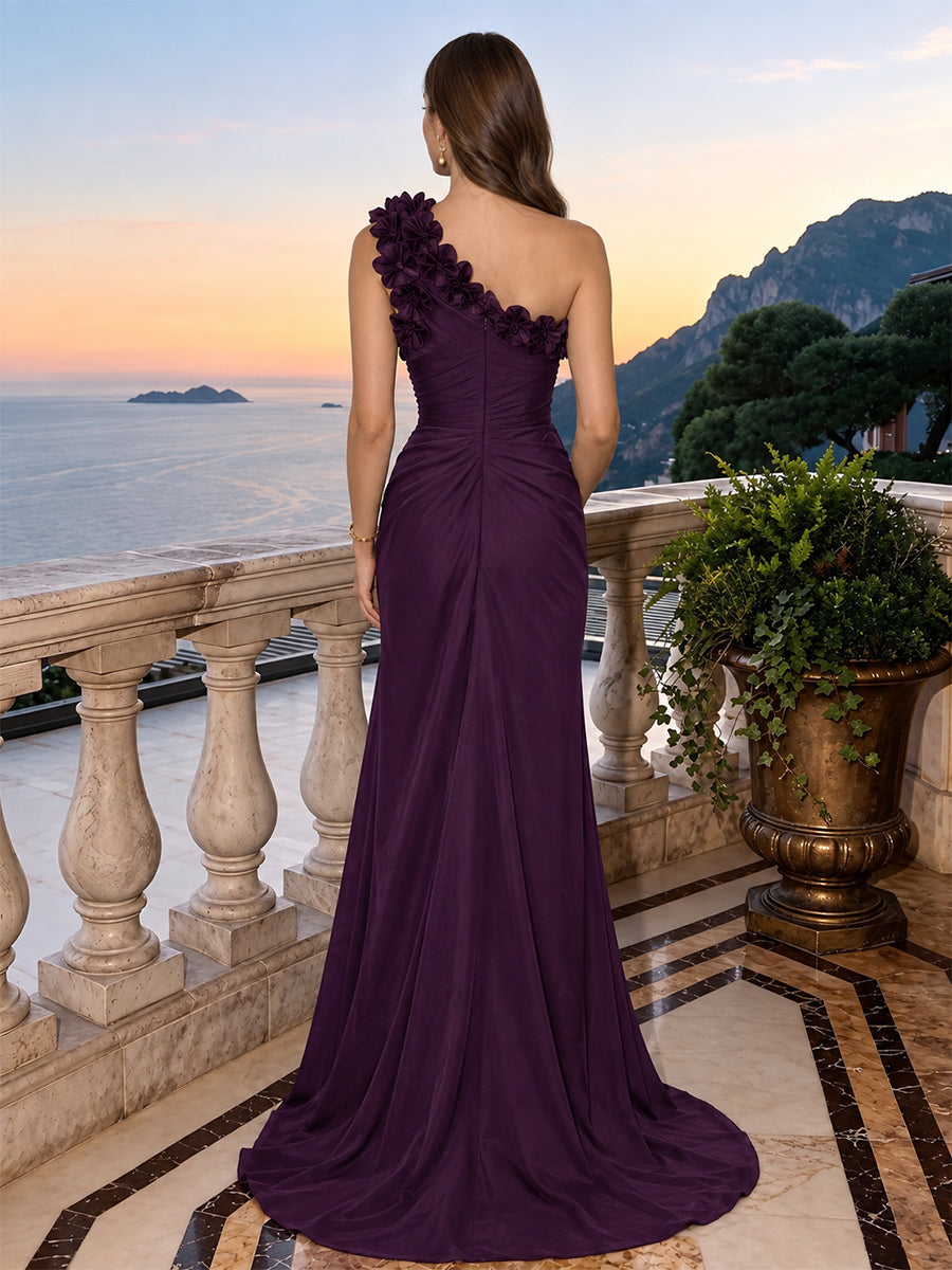 Satin Mermaid One Shoulder Floor Length Ruched Formal Dresses
