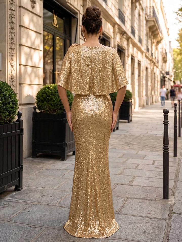 Sequin Sheath Scoop Neck Floor Length Ruffles Sleeves Formal Dresses