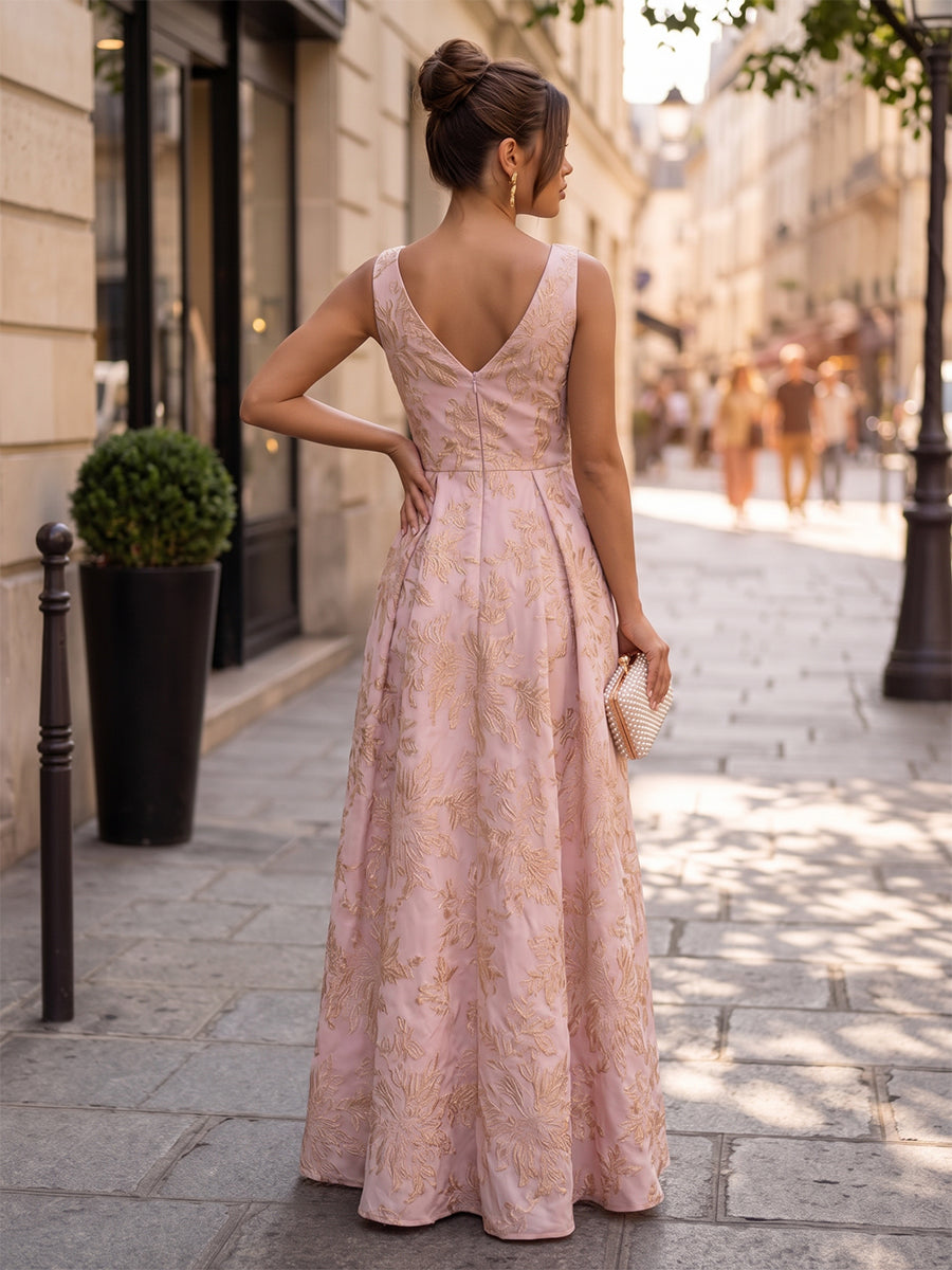 Satin Jacquard A Line V Neck Floor Length High Low Formal Dresses