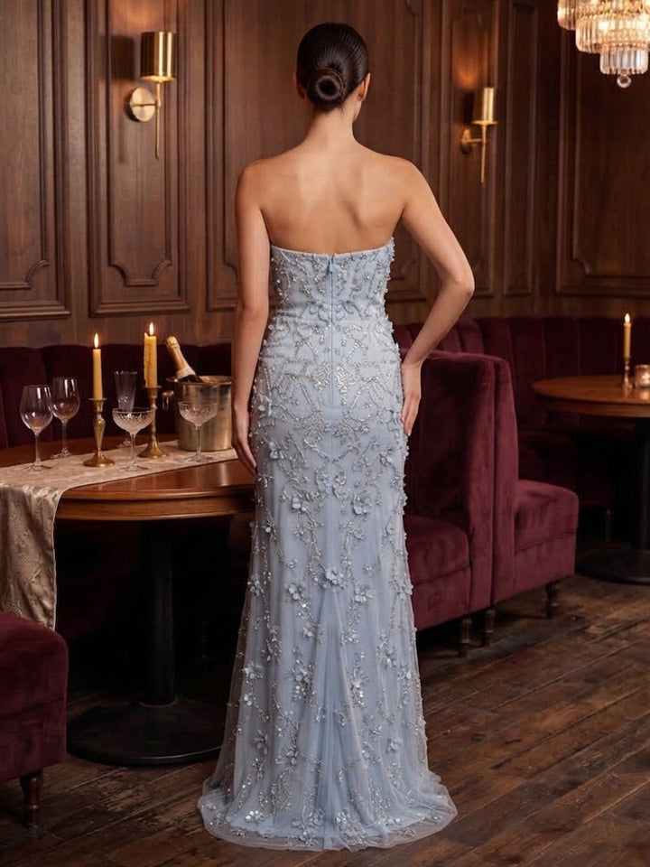 Tulle Sheath Strapless Floor Length Sequin Embroidery Formal Dresses