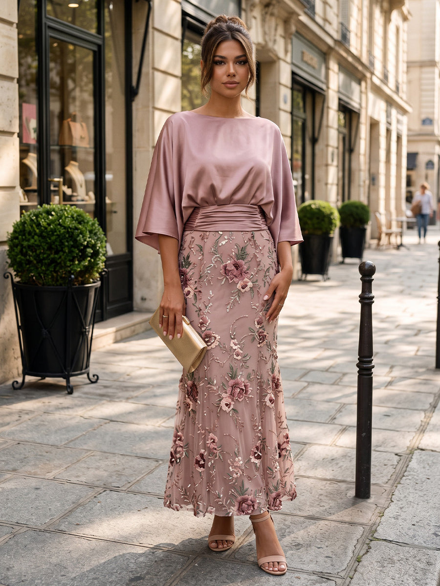 Tulle Sheath Jewel Neck Floor Length Floral Embroidery Formal Dresses