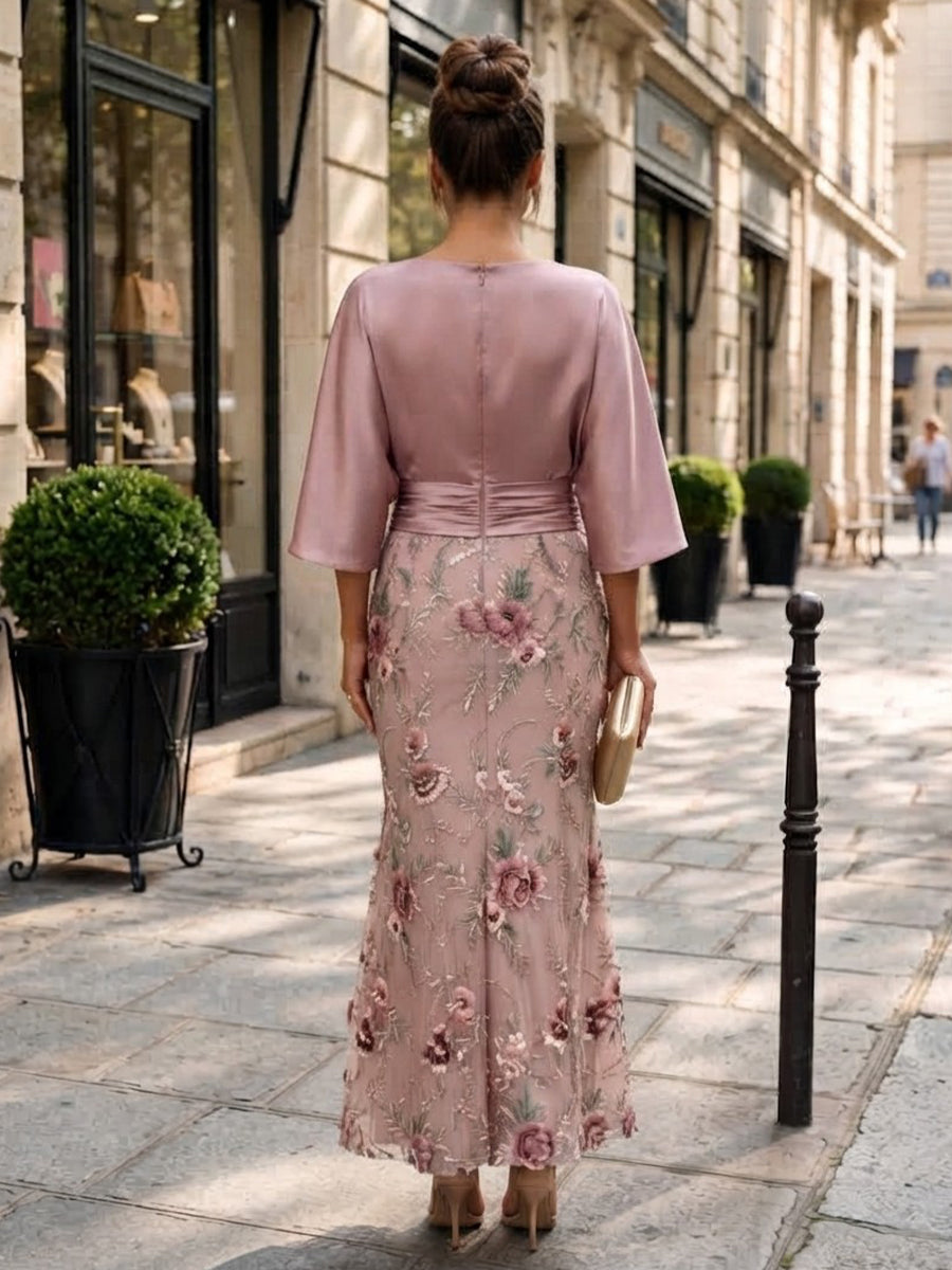 Tulle Sheath Jewel Neck Floor Length Floral Embroidery Formal Dresses