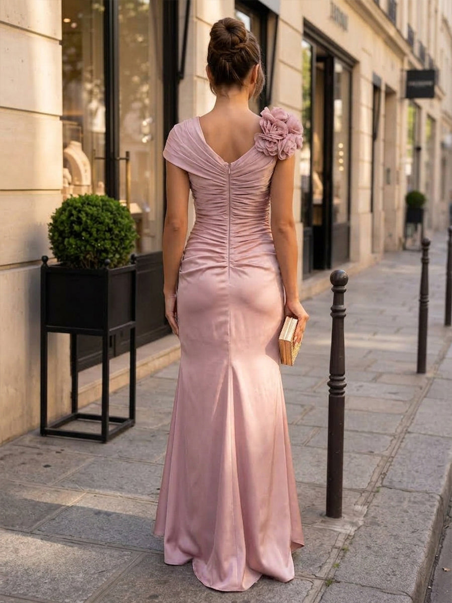 Satin Sheath One Shoulder Floor Length Ruched Formal Dresses