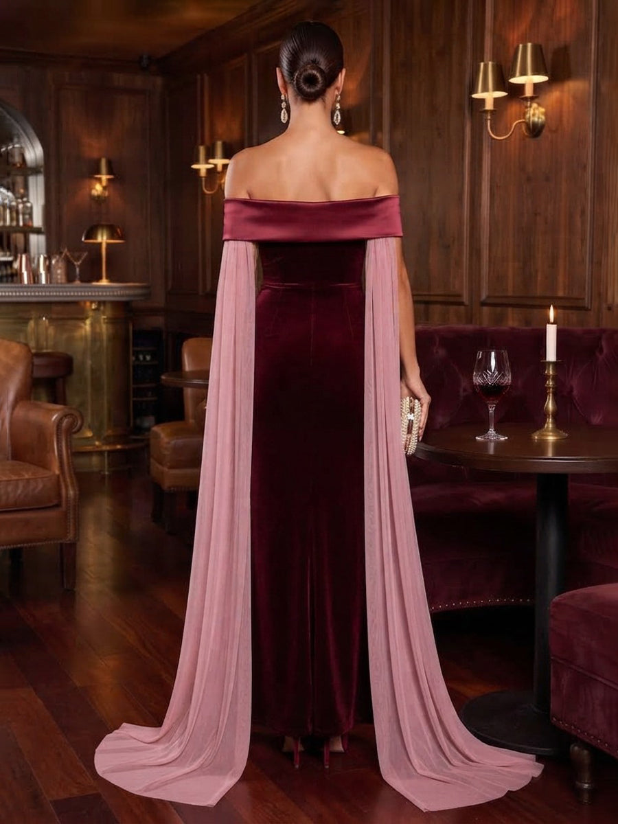 Velvet Sheath Off the Shoulder Floor Length Slit Formal Dresses