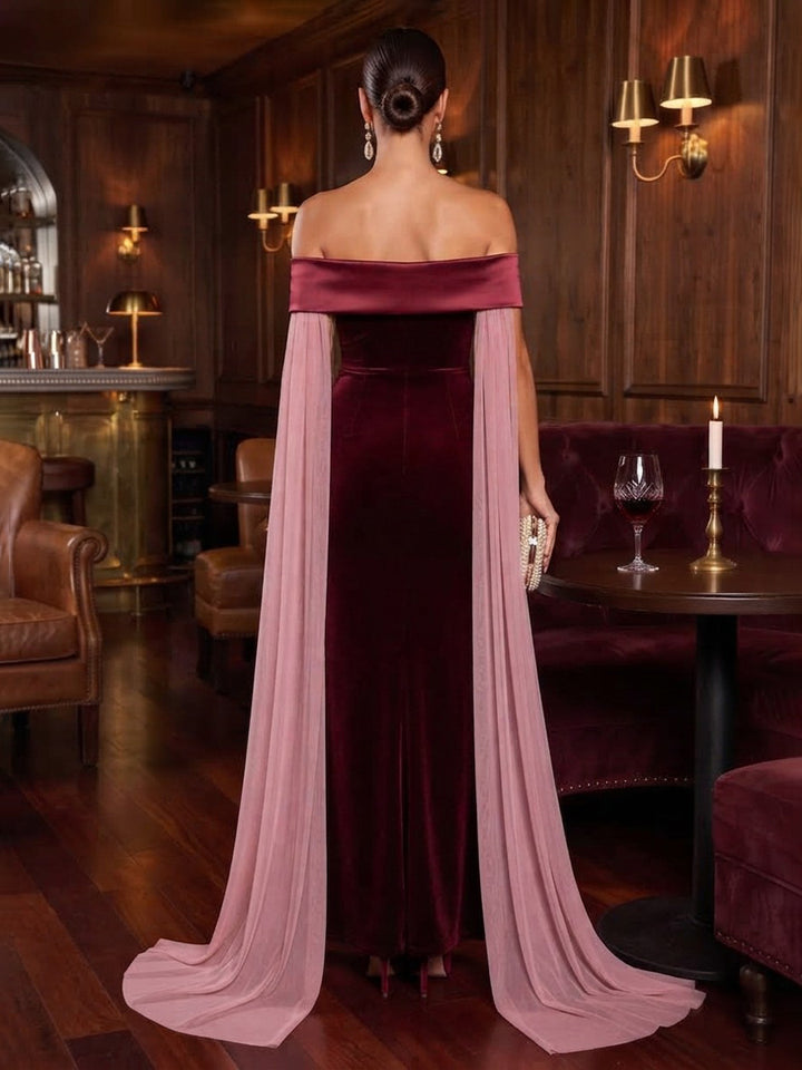 Velvet Sheath Off the Shoulder Floor Length Slit Formal Dresses