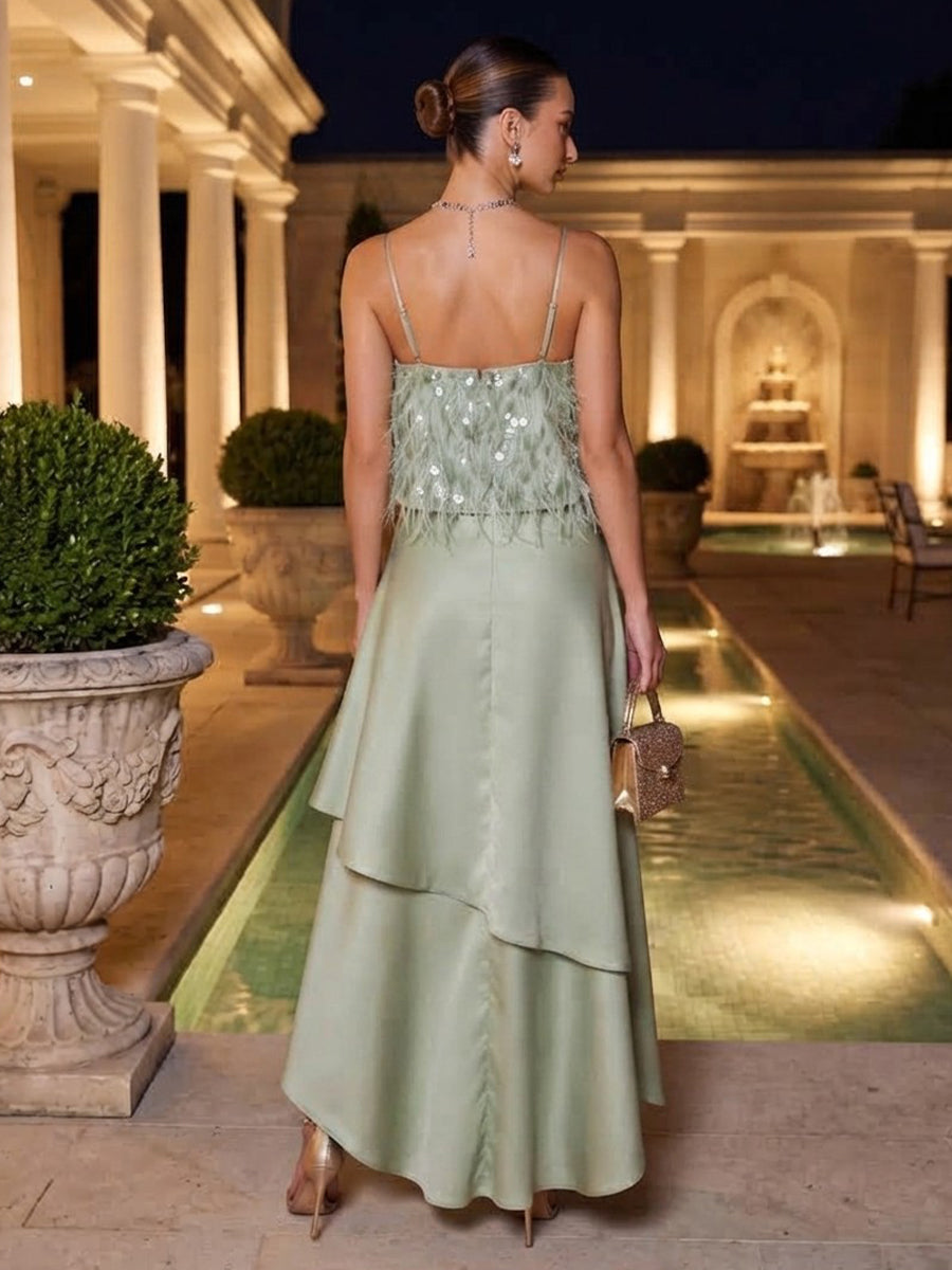 Sequin A Line Spaghetti Straps Ankle Length High Low Formal Dresses
