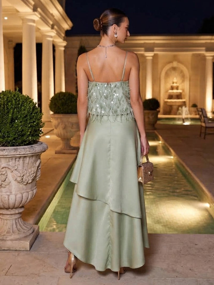 Sequin A Line Spaghetti Straps Ankle Length High Low Formal Dresses