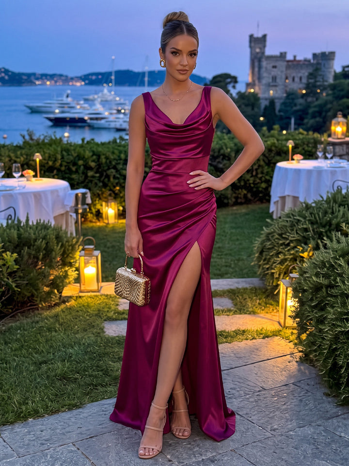Satin Sheath Cowl Neck Floor Length High Slit Formal Dresses