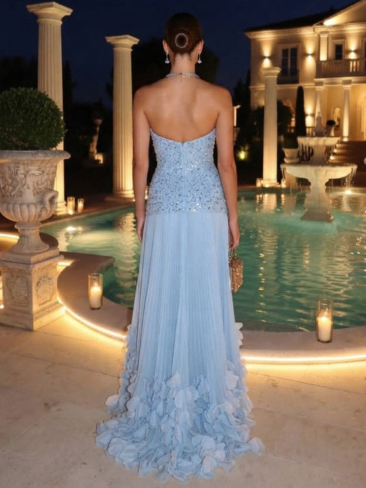Chiffon A Line Strapless Floor Length Glitter Formal Dresses