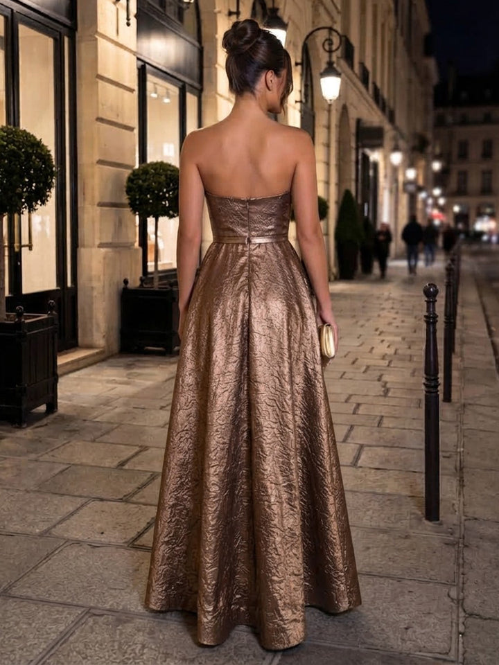Metallic Satin A Line Strapless Floor Length Fitted Waist Formal Dresses