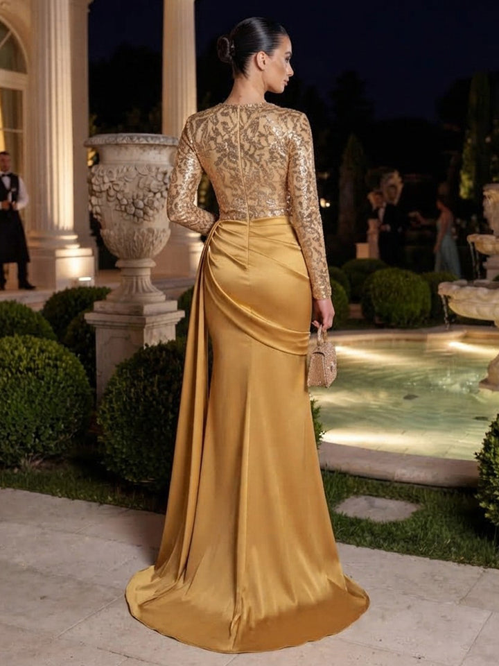 Sequin Sheath Round Neck Floor Length Sequin Embroidery Formal Dresses