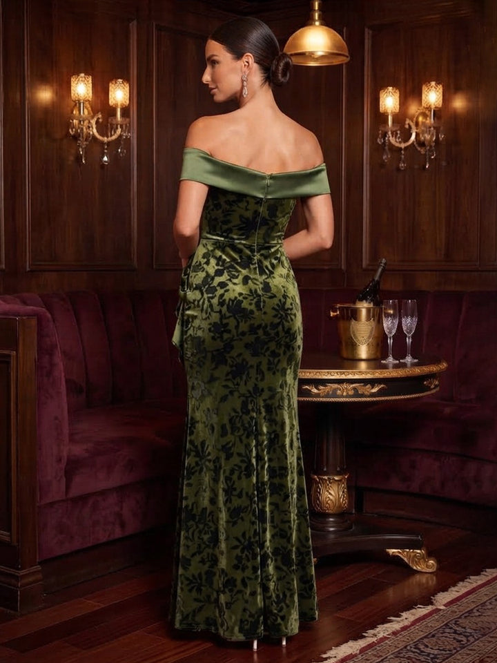 Burnout Velvet Sheath Off the Shoulder Floor Length High Low Formal Dresses