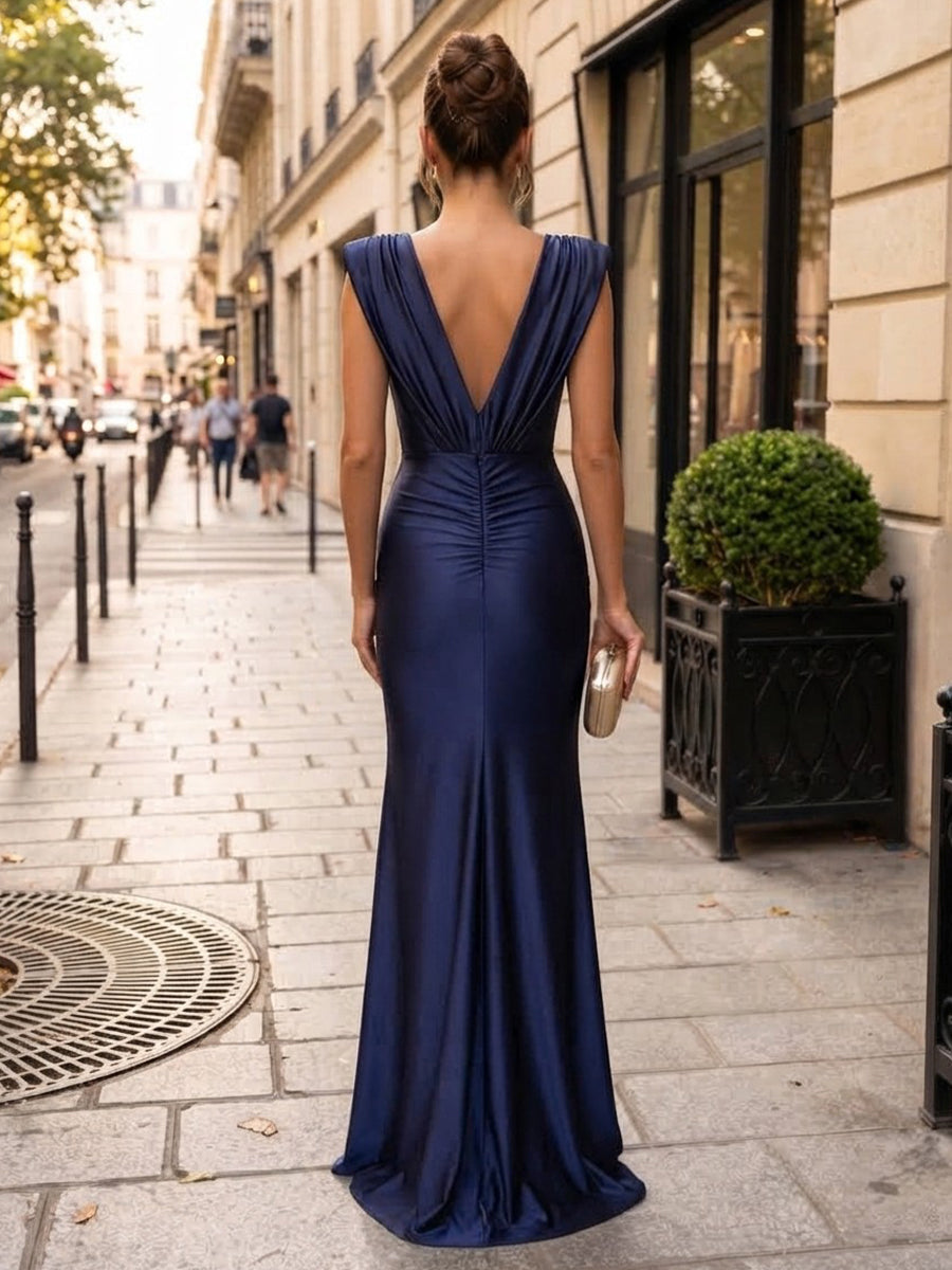 Satin Mermaid V Neck Floor Length Ruched Formal Dresses