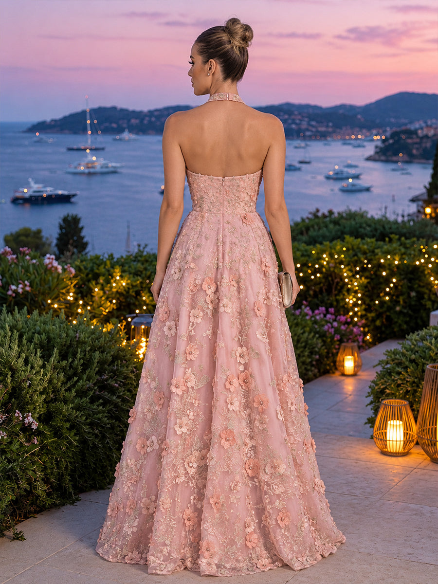 Tulle A Line Halter Floor Length Floral Embroidery Formal Dresses